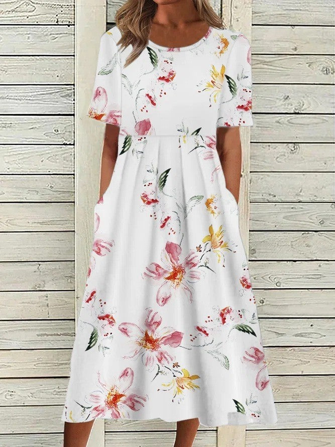 Women's Fresh Floral A-Line Round Neck Midi Dress