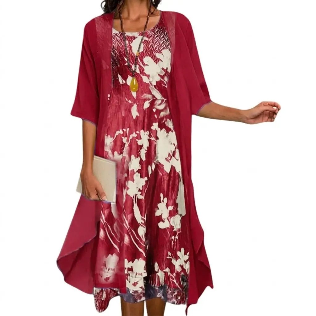 Floral 2-Piece Midi Dress Set Sheer Overlay Cardigan Style