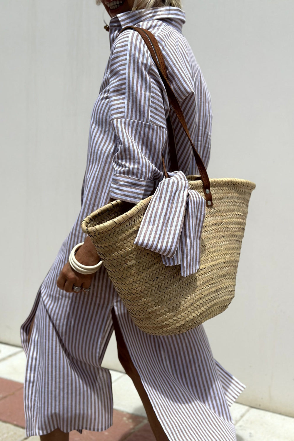 Women's Striped Collared Button-Down Oversized Midi Dress