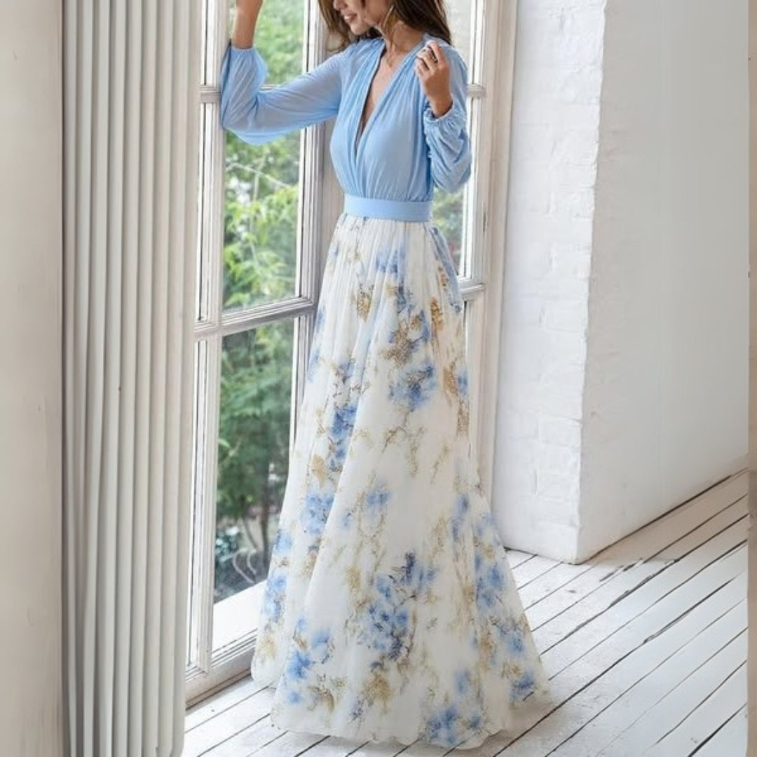 Women’s Floral Print Maxi Dress with Deep V-Neck and Empire Waist