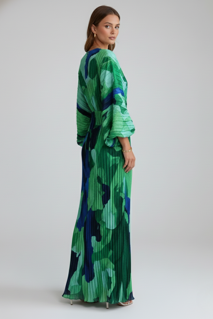 Women's Pleated Maxi Dress with V-Neckline and Side Slit