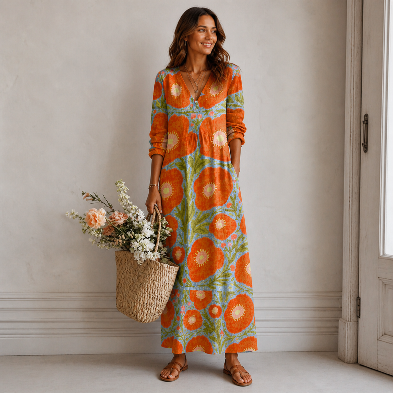 Women’s Vintage Floral Boho Long Sleeve Maxi Dress