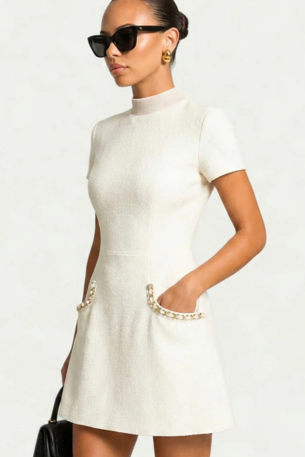 Elegant Women’s Mini Dress with Pearl Trim and Pocket Detail