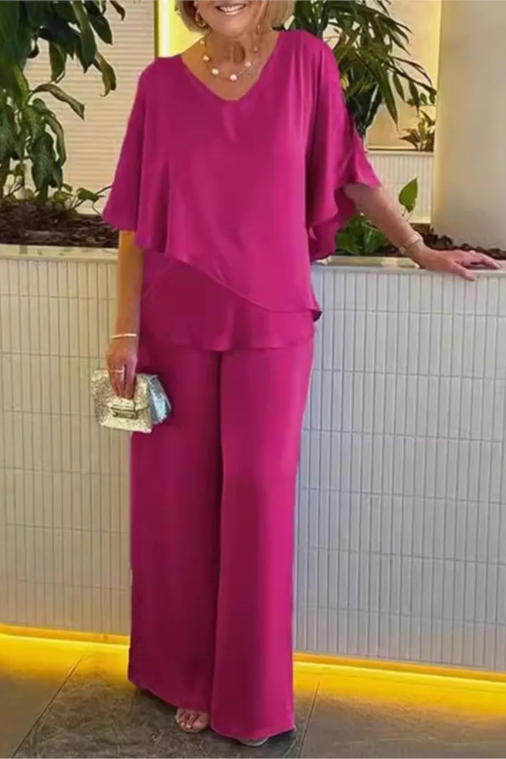 Women’s Elegant Layered Top & Wide Leg Pants Two-Piece Set