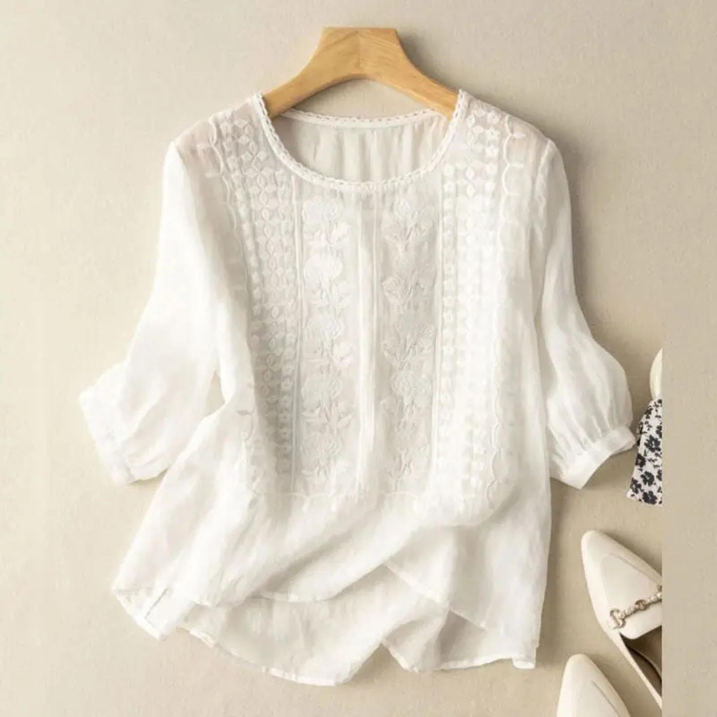 Women's Embroidered Casual Blouse with Round Neck