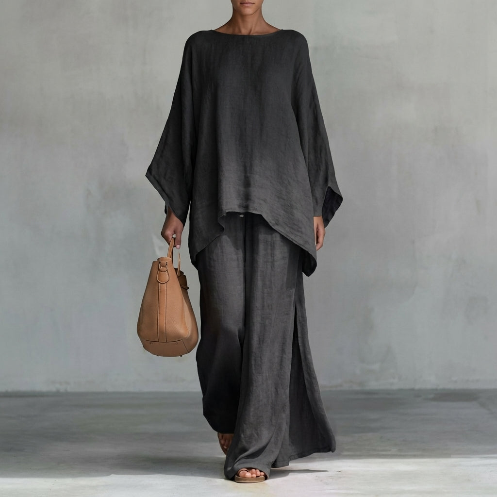 Women’s Flowing Two-Piece Set with Oversized Tunic Top and Maxi Skirt