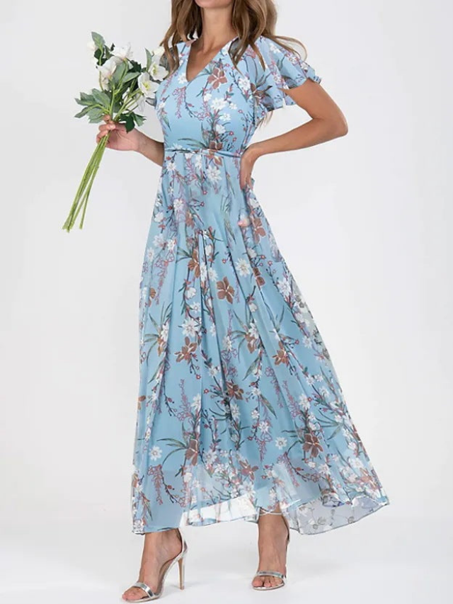 Women's Elegant Floral Flutter Sleeve V-Neck Maxi Dress