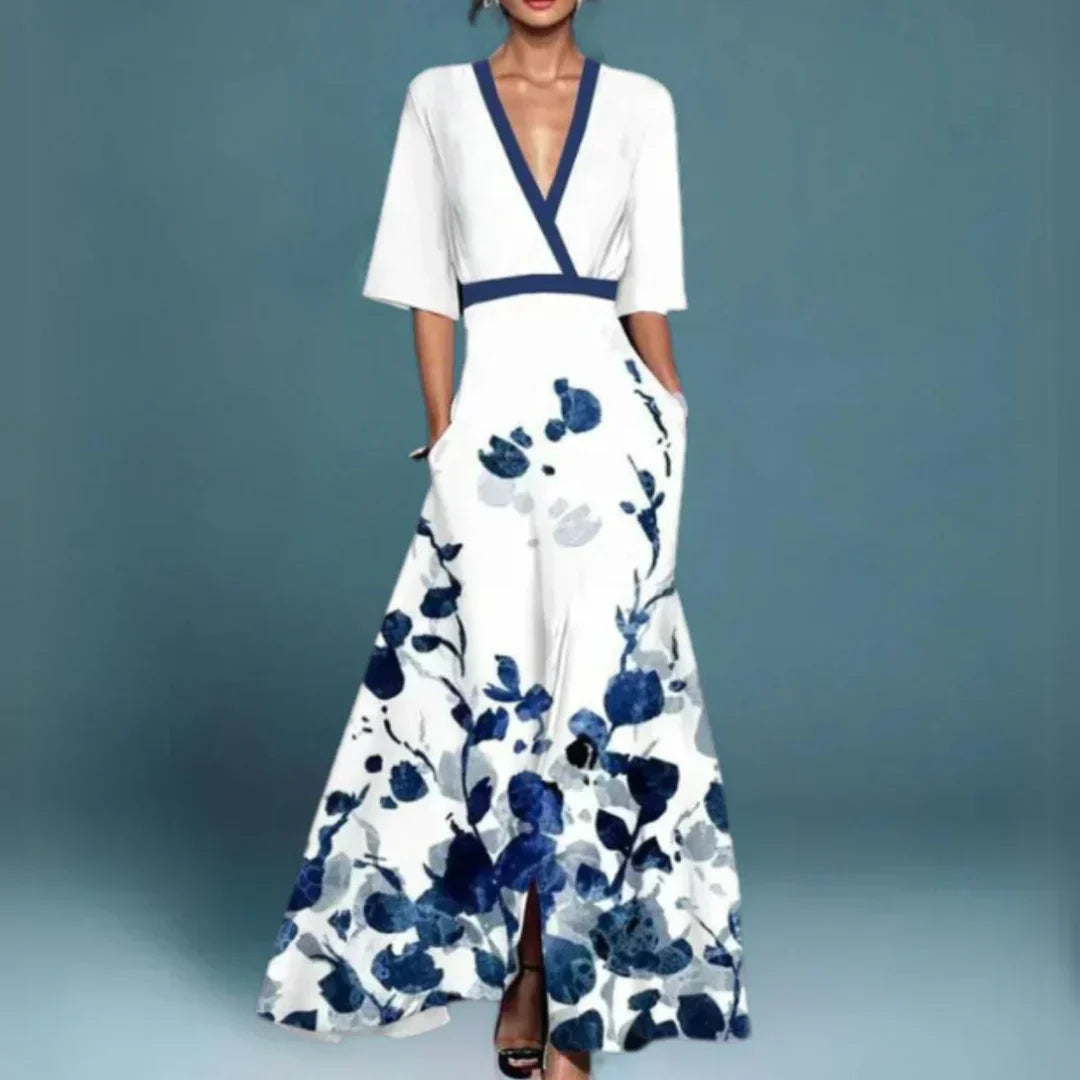 Women's Floral Wrap Maxi Dress with Contrast Trim and Front Slit