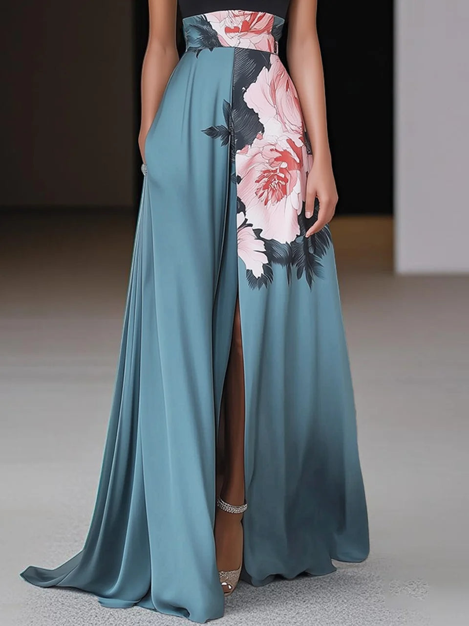 Elegant Floral Halter Maxi Evening Dress for Women