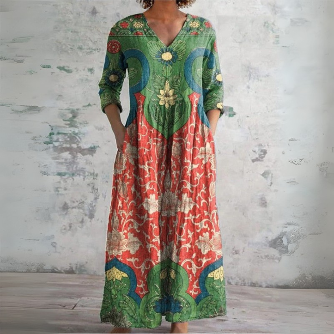 Women's Green Boho Floral Ethnic V-Neck Maxi Dress with Pockets