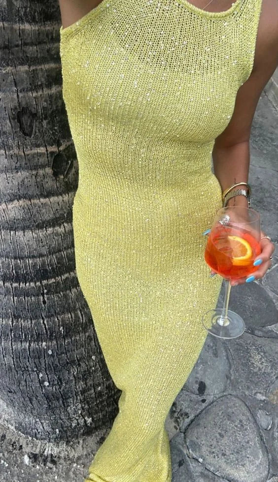 Women’s Sleeveless Glitter Bodycon Maxi Dress with Scoop Neckline