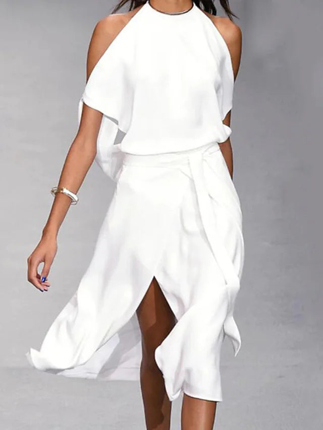 Women's Halter Neck Midi Dress with Flowy Wrap Skirt