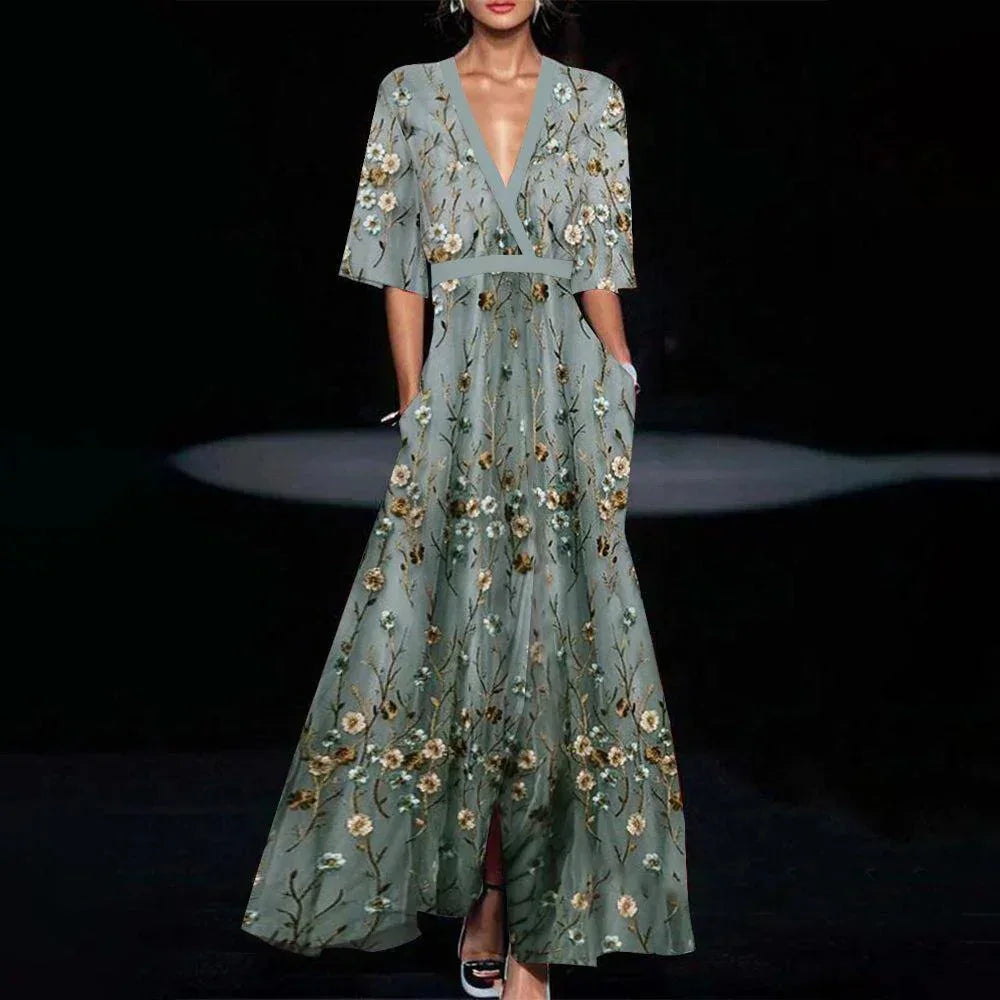 Floral Embroidered Wrap Maxi Dress with Flutter Sleeves
