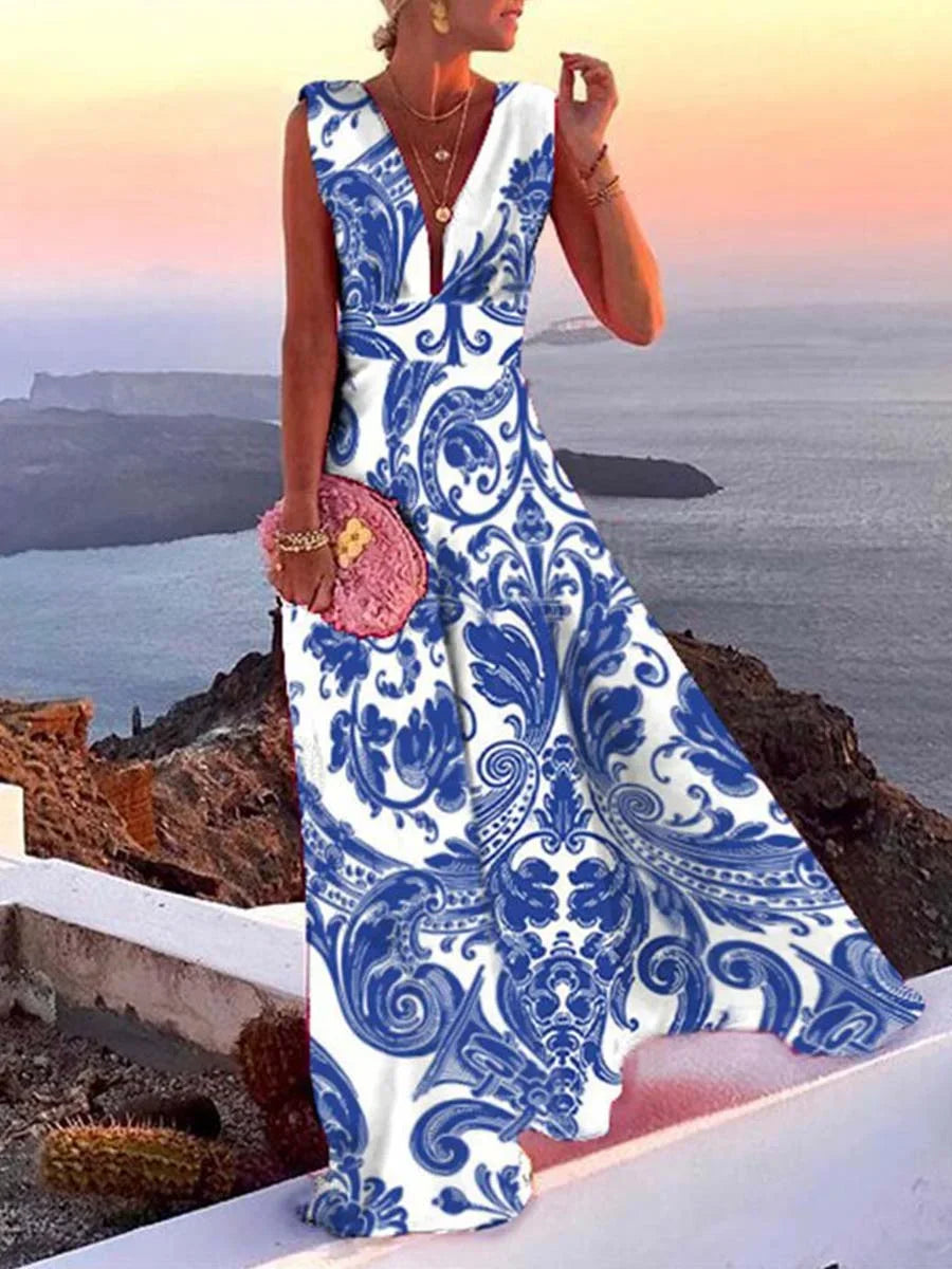 Women’s Sleeveless Deep V-Neck Maxi Dress with Flowing Silhouette