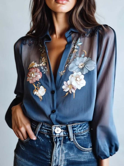 Women’s Floral Embroidered Sheer Sleeve Blouse