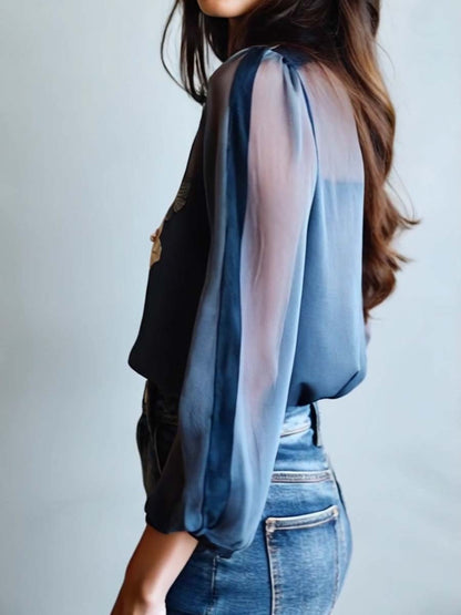 Women’s Floral Embroidered Sheer Sleeve Blouse