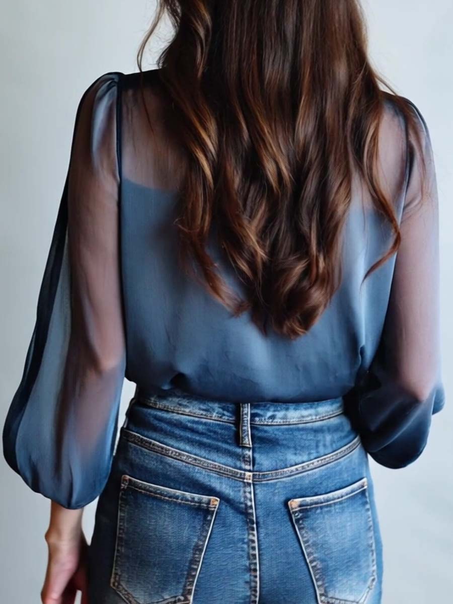 Women’s Floral Embroidered Sheer Sleeve Blouse