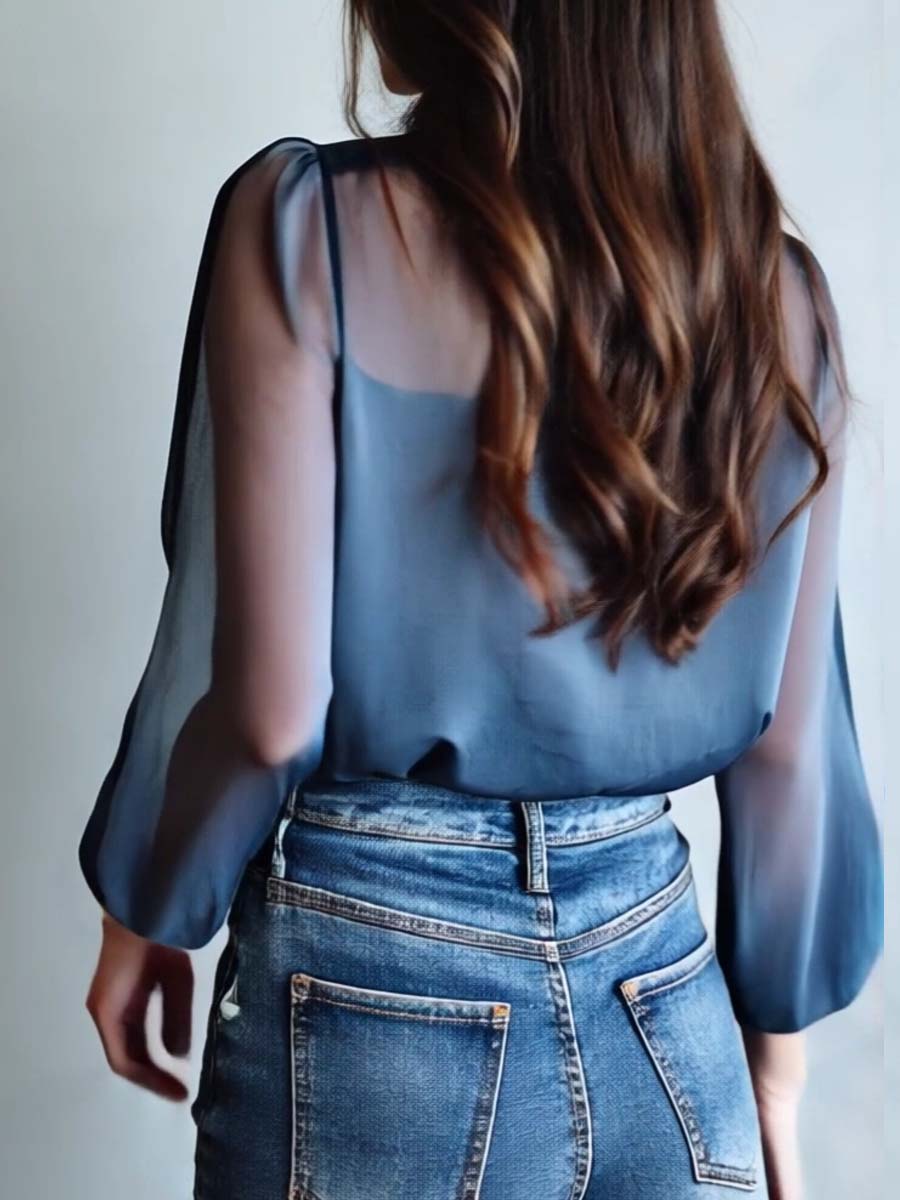 Women’s Floral Embroidered Sheer Sleeve Blouse