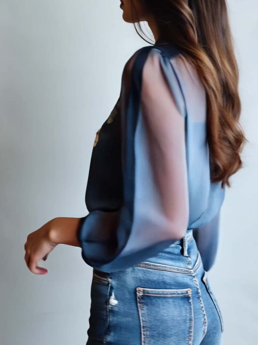 Women’s Floral Embroidered Sheer Sleeve Blouse