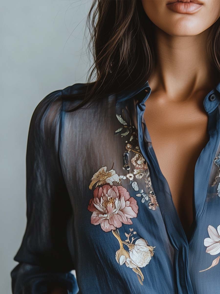 Women’s Floral Embroidered Sheer Sleeve Blouse