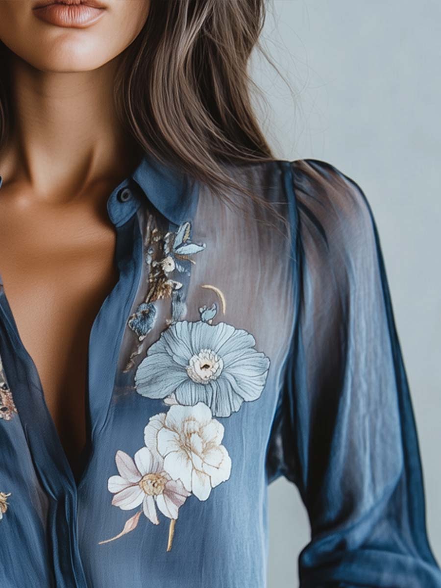Women’s Floral Embroidered Sheer Sleeve Blouse