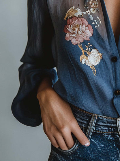 Women’s Floral Embroidered Sheer Sleeve Blouse