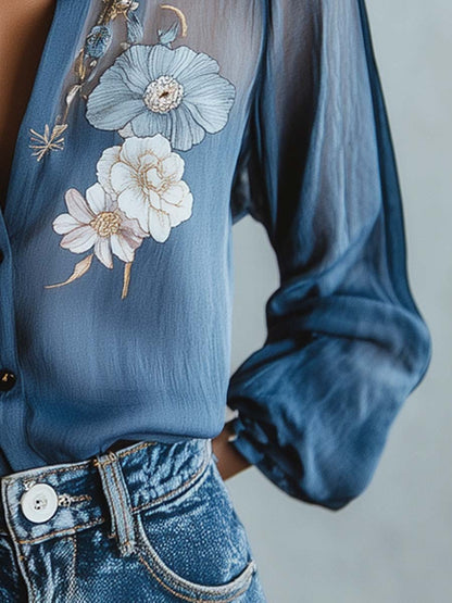 Women’s Floral Embroidered Sheer Sleeve Blouse
