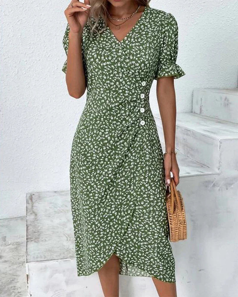 Women’s Floral Wrap Midi Dress with Flutter Sleeves and Figure-Flattering