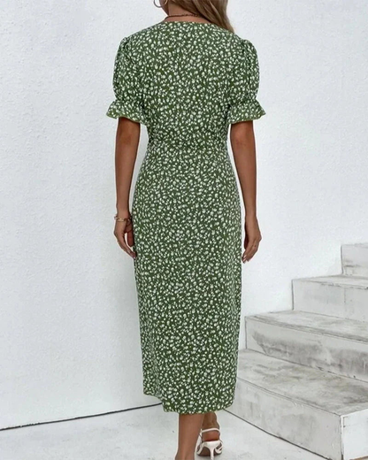 Women’s Floral Wrap Midi Dress with Flutter Sleeves and Figure-Flattering