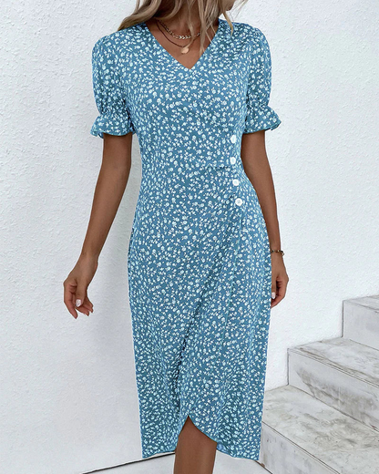Women’s Floral Wrap Midi Dress with Flutter Sleeves and Figure-Flattering