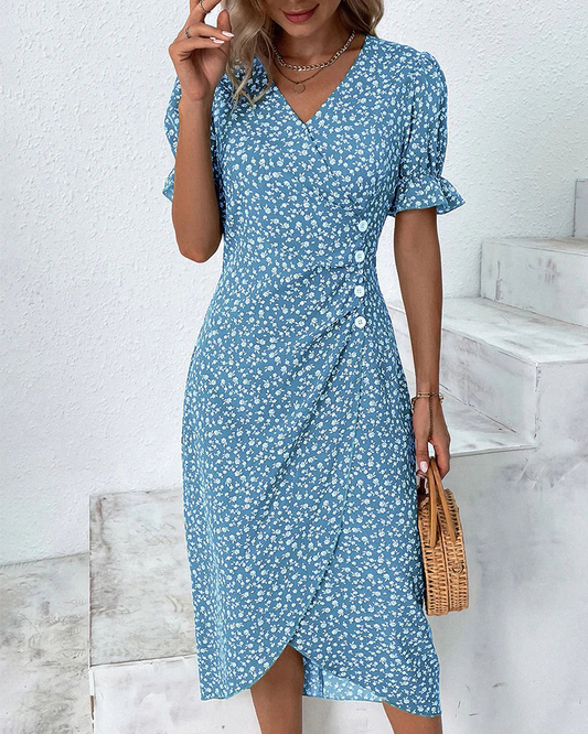 Women’s Floral Wrap Midi Dress with Flutter Sleeves and Figure-Flattering