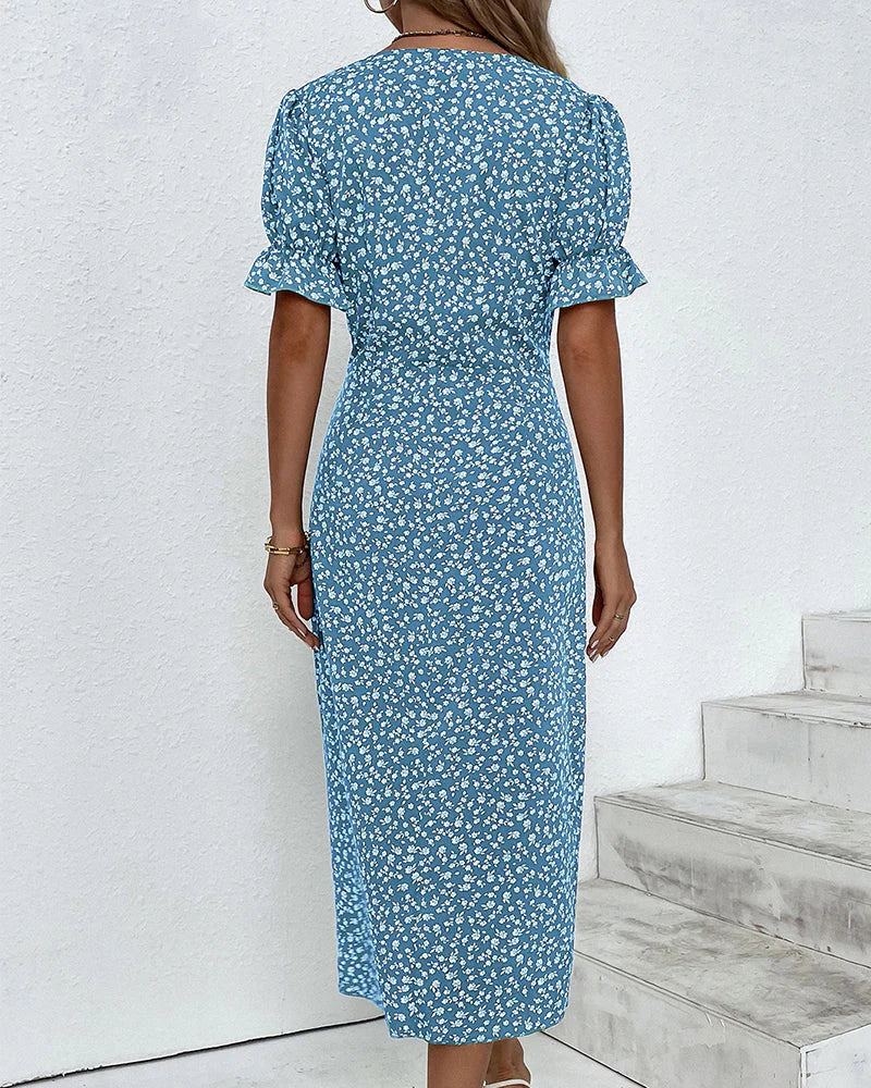 Women’s Floral Wrap Midi Dress with Flutter Sleeves and Figure-Flattering