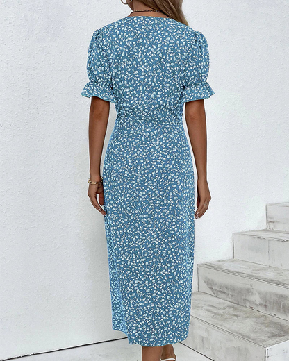 Women’s Floral Wrap Midi Dress with Flutter Sleeves and Figure-Flattering