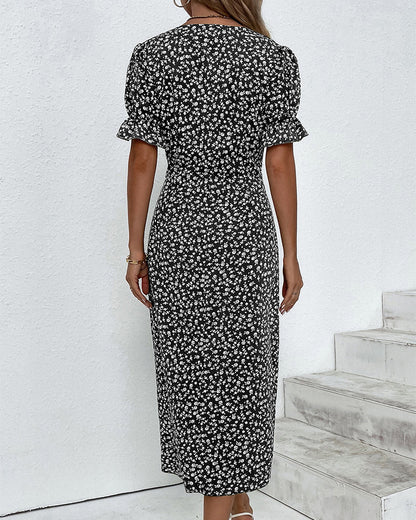 Women’s Floral Wrap Midi Dress with Flutter Sleeves and Figure-Flattering