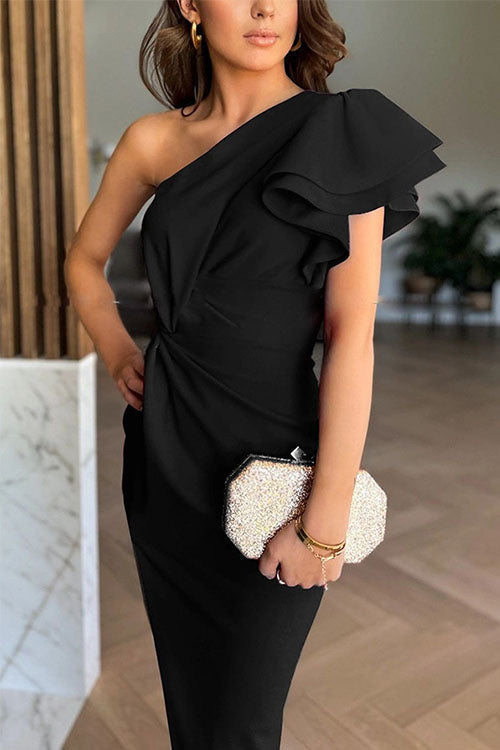 Women’s Off-shoulder Ruffle Sleeve Slit Midi Dress