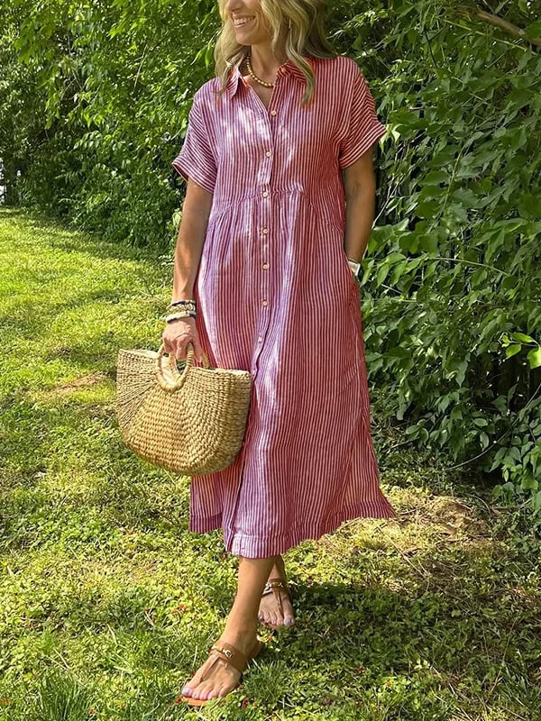 Button-Up Midi Shirt Dress Women Short Sleeve