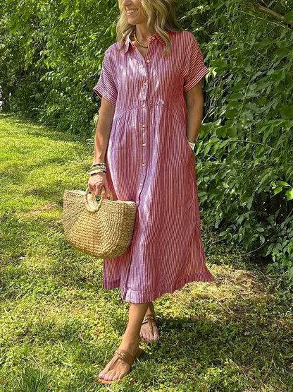 Women's Striped Collared Button-Front Short Sleeve Dress
