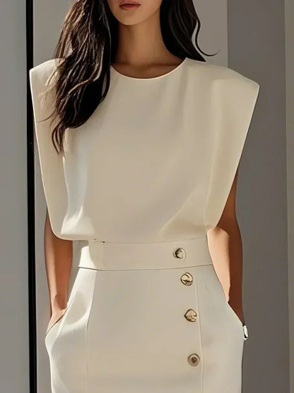 Elegant Sleeveless Midi Dress with Side Slit and Gold Button Detail