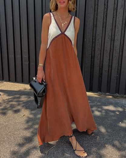 Women’s Contrast Trim Maxi Dress with Deep V-Neckline
