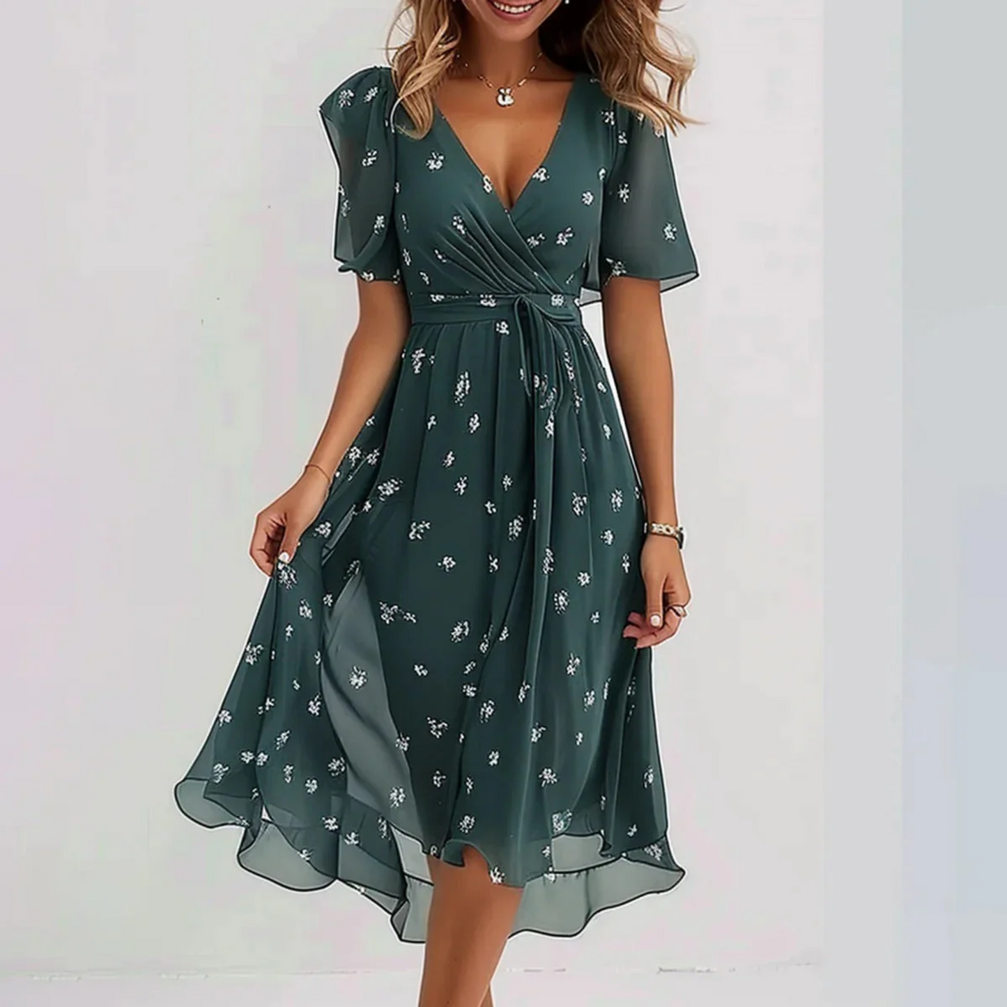 Elegant Floral Wrap Midi Dress for Women
