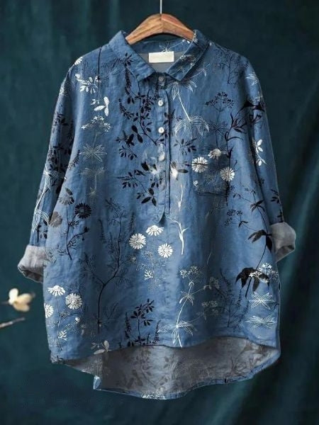 Women's Abstract Floral Long Sleeve Button-Front Blouse