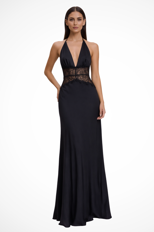 Women’s Deep V Lace Waist Maxi Evening Dress