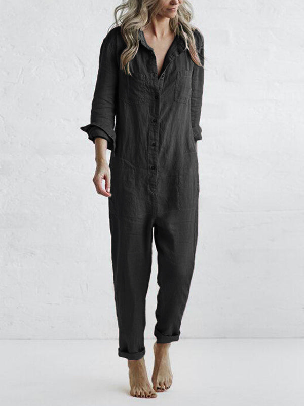 Casual Long Sleeve Button-Up Jumpsuit for Women