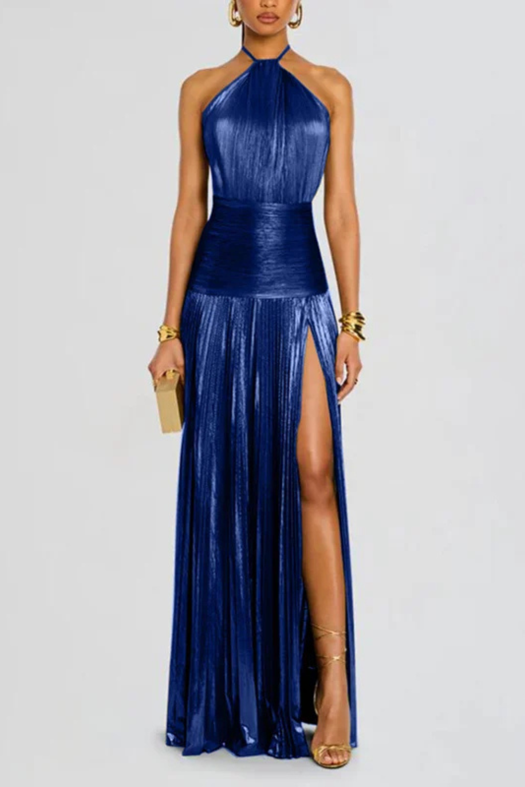Elegant Halter Neck Satin Wedding Guest Maxi Dress
