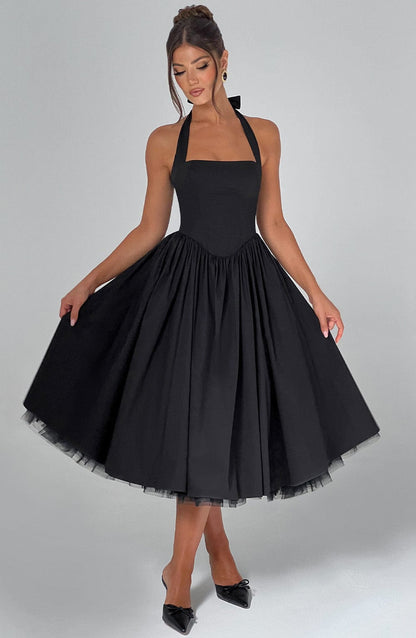 Elegant Halter Neck Midi Cocktail Dress for Women