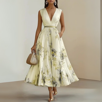 Women's Pleated V-Neck Sleeveless Maxi Dress