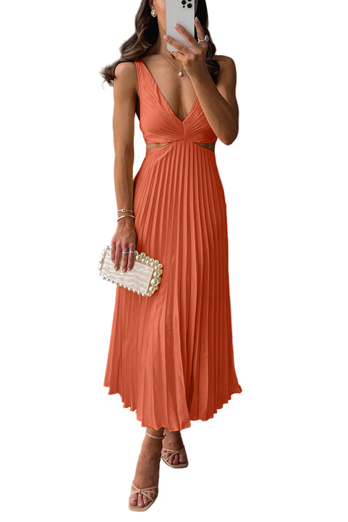 V-Neck Sleeveless Pleated Cut-Out Maxi Dress