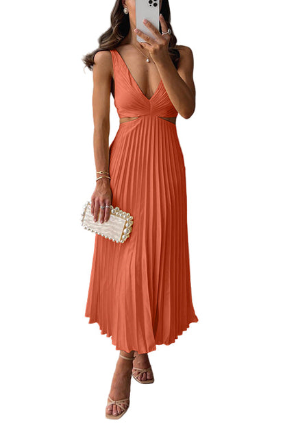 V-Neck Sleeveless Pleated Cut-Out Maxi Dress