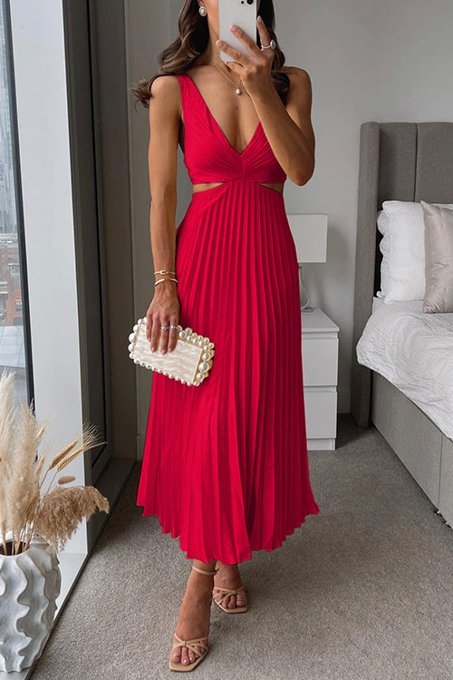 V-Neck Sleeveless Pleated Cut-Out Maxi Dress