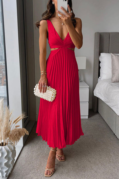 V-Neck Sleeveless Pleated Cut-Out Maxi Dress